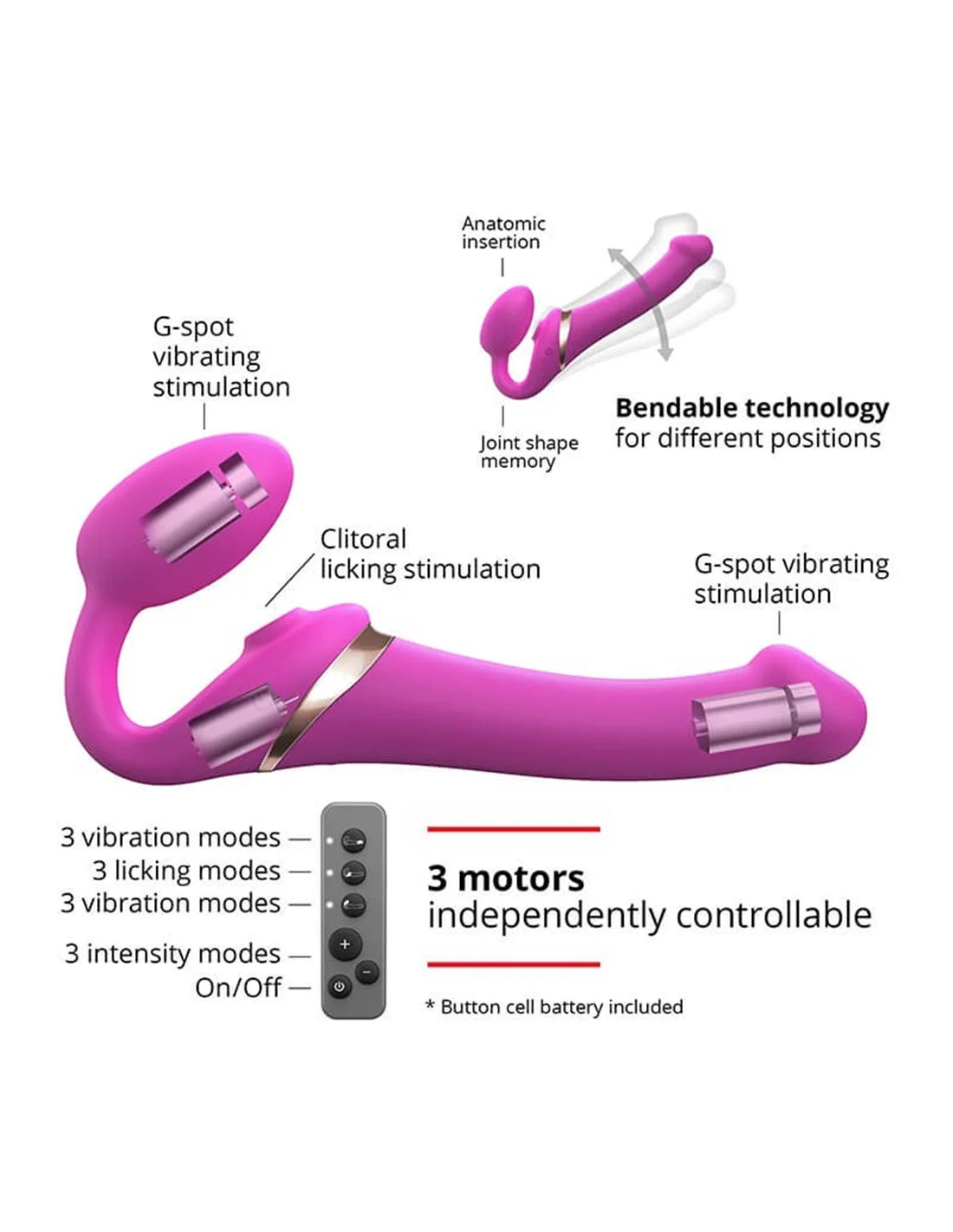 Strap-on-me Multi Orgasm Strap-on Vibrator Met Lik Stimulator Fuchsia M - Afbeelding 4